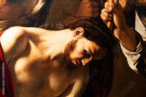 Bild auf Leinwand Close-up on painting of Jesus suffering during Via Crucis