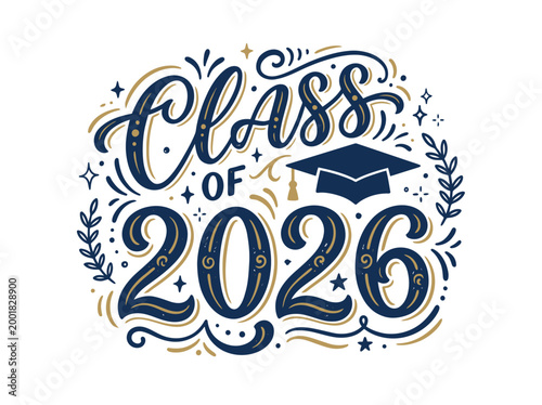 Class of 2026 Graduation Celebration with Academic Cap and Laurel Wreaths - Vector Illustration