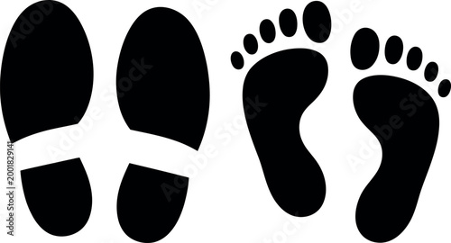 Black footprints and feet illustration with toes and shoes outline