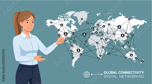 Businesswoman presenting global connectivity and digital networking concept with a world map and interconnected people icons in a flat 2D illustration style