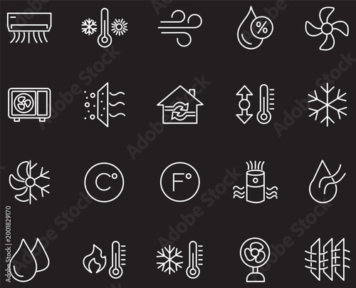 Air Conditioning icon set. Containing fan, wind, blow, air conditioner, cooling appliance, cooling fan, air cleaner, climate control, heating, and more. Editable line icons. Vector