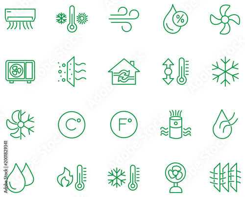 Air Conditioning icon set. Containing fan, wind, blow, air conditioner, cooling appliance, cooling fan, air cleaner, climate control, heating, and more. Editable line icons. Vector