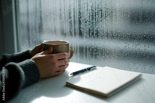 A person holds a mug near a rain-speckled window, with a notebook and pen on the table, suggesting a calm, reflective moment indoors.