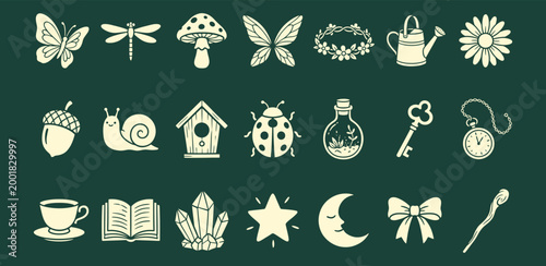Enchanting cottagecore icons with nature and mystical elements for lifestyle branding