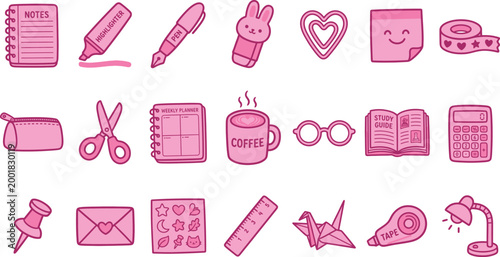 Cute pink office supplies vector set for school and workspace planning