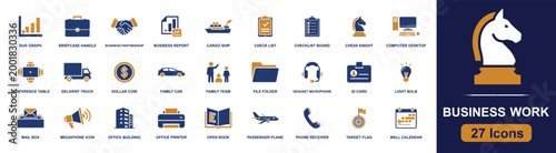 Business work icon set. Containing briefcase, partnership, checklist, desktop, conference table, file folder, office printer, calendar, target flag and more. Solid fill vector icons.