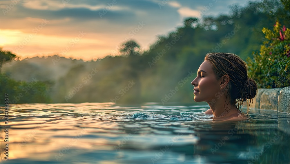 Fototapeta premium A serene woman enjoys a tranquil moment in a luxurious infinity pool overlooking a lush, misty landscape at sunset.