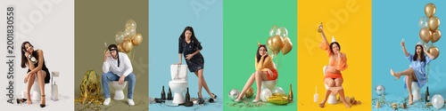 Collage of drunk young people with toilet bowls on color background