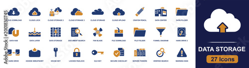 Data storage icon set. Containing cloud download, file folder, hard drive, server towers, data center, secure checklist, verified search, key, cloud upload and more. Solid fill vector icons.
