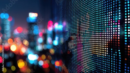 A vibrant, high-resolution image showcases a modern LED screen displaying a blurred cityscape at night, creating a dynamic interplay of light and urban scenery.