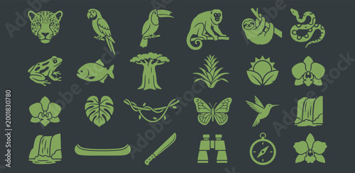 Green Amazon Rainforest Canopy Icon Set for Eco Tourism and Wildlife Conservation