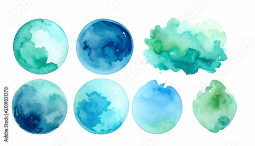 Εκτύπωση καμβά Collection of diverse watercolor circles and organic shapes in tranquil blue and