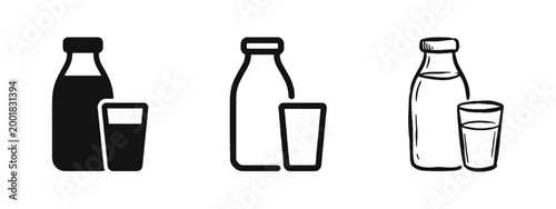 Dairy Products Icon Set - Milk Bottle and Glass Symbol for Fresh Nutrition