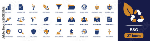 ESG icon set. Containing eco footprint, eco friendly, global globe, recycling symbol, justice scales, risk management, social impact, wind turbine and more. Solid fill vector icons.