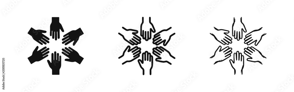 Obraz premium Teamwork Unity Icon Set Featuring Hands in a Circle - Cooperation Diversity and Community Support