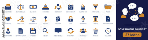 Government policy icon set. Containing balance scales, election box, podium, law book, policy document, debate chat, handshake, prime minister, team group and more. Solid fill vector icons.