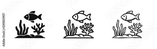 Underwater Sea Life Icon Set with Fish and Coral Reef - Marine Nature and Ocean Environment Design