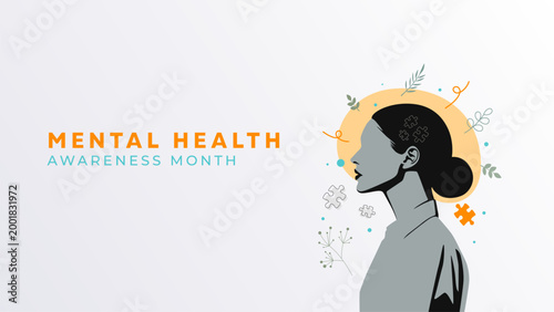 Mental Health Awareness Month banner featuring a woman's profile with puzzle pieces and floral elements. It represents psychological growth, finding inner peace, and the journey toward emotional whole