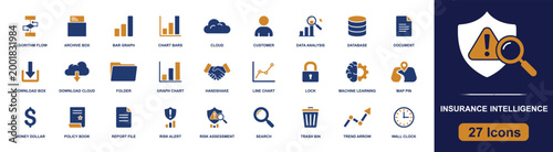 Insurance intelligence icon set. Containing data analysis, policy book, risk alert, machine learning, customer, trend arrow, cloud, search, database and more. Solid fill vector icons.