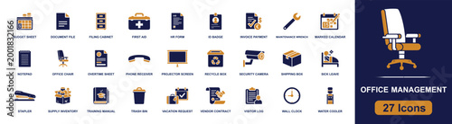 Office management icon set. Containing budget sheet, filing cabinet, ID badge, office chair, notepad, wall clock, visitor log, water cooler, stapler and more. Solid fill vector icons.