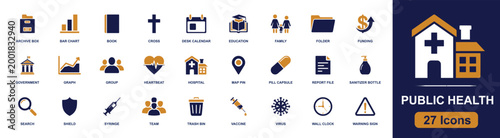 Public health and community care icon set. Containing hospital, vaccine, syringe, virus, sanitizer bottle, heartbeat, family, government, funding and more. Solid fill vector icons.