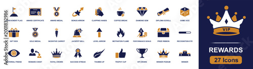Rewards and recognition icon set. Containing trophy cup, gift box, gold medal, ribbon, bonus arrow, royal crown, winner podium, thumbs up, jackpot bell and more. Solid fill vector icons.