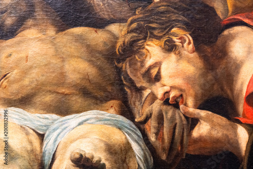 Quadro su tela Close-up on painting showing a man kissing the hand of dead Jesus