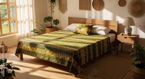 A beautifully handcrafted bedsheet made from woven natural plant leaves, spread across a wooden bed in a cozy eco-friendly bedroom, with soft sunlight filtering through the window.
