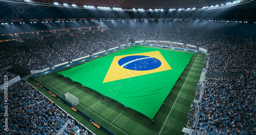 Bild auf Leinwand Professional Stadium Soccer Game Championship With Flag of Brazil Spread Across the Pitch Before Football Match Start