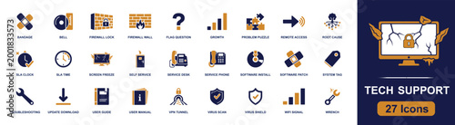 IT support icon set. Containing firewall, remote access, help desk, software patch, troubleshooting, update download, VPN tunnel, virus shield, user manual and more. Solid fill vector icons.