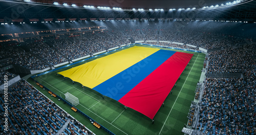Slika na platnu Professional Stadium Soccer Game Championship With Flag of Colombia Spread Across the Pitch Before Football Match Start