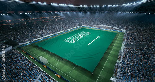 Photos Professional Stadium Soccer Game Championship With Flag of Saudi Arabia Spread Across the Pitch Before Football Match Start