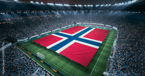 Photos Professional Stadium Soccer Game Championship With Flag of Norway Spread Across the Pitch Before Football Match Start