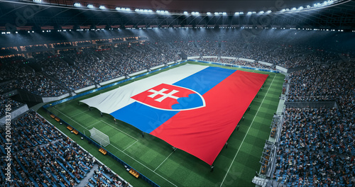 Obraz na płótnie Professional Stadium Soccer Game Championship With Flag of Slovakia Spread Across the Pitch Before Football Match Start