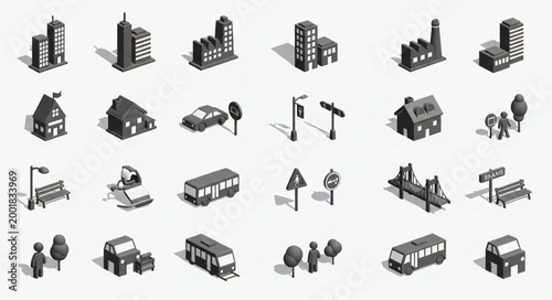 Collection of isometric city buildings and elements.