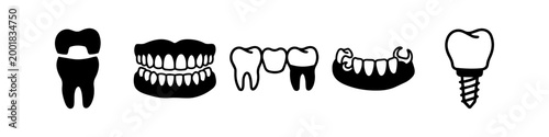 A collection of dental prosthetics icons including crown, dentures, bridge, and implant. Minimalist black vector silhouettes on white background, perfect for dentistry and oral health designs.