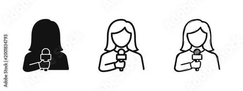 Female News Reporter and Journalist Icon Set with Microphone in Three Styles
