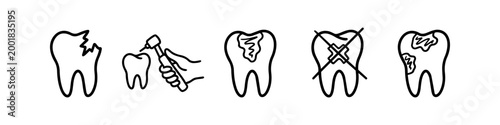 Set of hand-drawn dental line icons depicting tooth decay, cavities, drilling, and extraction. Minimalist vector illustrations for dentistry, oral hygiene, and dental treatment concepts.
