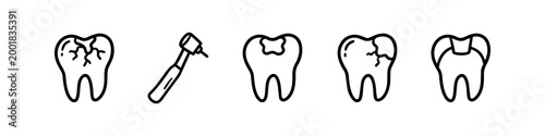 Dental icon set featuring tooth decay, a dental drill, and restoration stages. Minimalist line art symbols for cavity repair, fillings, and dental crowns, perfect for healthcare design.