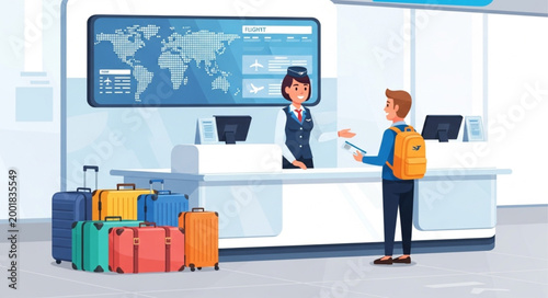 Travelers at airport check-in counter with luggage.