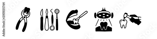 Set of dental icons illustrating oral surgery, tooth extraction, and dental tools. Minimalist black silhouettes of forceps, scalpels, mirrors, and dental drills on a white background.