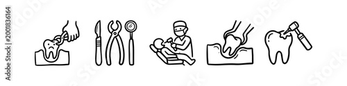 Minimalist dental care and surgery icon set in hand-drawn line art. Features tooth extraction, dental tools, dentist treating a patient, and tooth repair doodles on a white background.