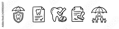 Set of hand-drawn dental insurance icons including a tooth shield, policy document, cost checkmark, and family coverage. Great for healthcare, finance, and dental clinic marketing.