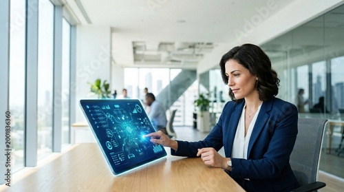 Businesswoman office tablet hologram digital technology touchscreen data interface analysis Businesswoman modern office using futuristic hologram tablet for digital data interface analysis