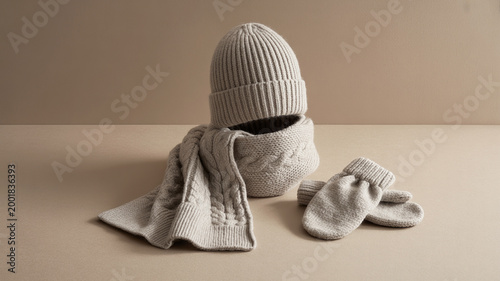 Flat lay of knitted winter accessories including hat scarf mittens and warm apparel in neutral tones. Cozy seasonal fashion concept.