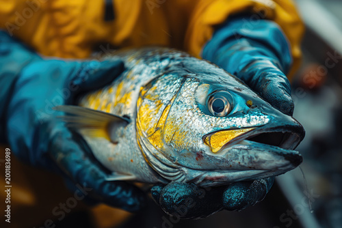 A Fisherman Carefully Weighs His Impressive Catch at Sea
