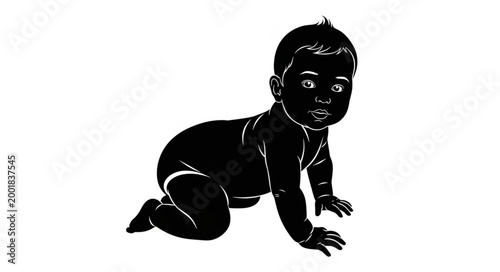Silhouette of Crawling Baby on Black Background.