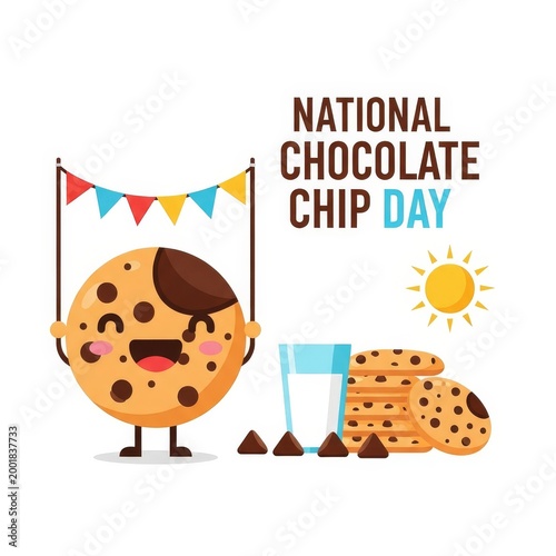 Happy National Chocolate Chip Day illustration with cute cookie, milk, and sun
