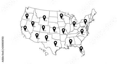 Mapping the States: A detailed map of the United States showcases pinpoint locations, symbolizing a range of destinations and possibilities.