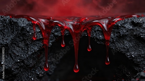 Red Viscous Liquid Dripping Over Dark Textured Rock